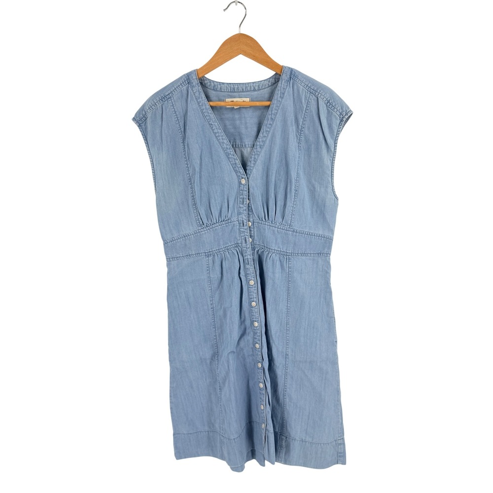 Madewell Chambray Button Front V-Neck Dress Light Blue 8 Boho Casual Summer
